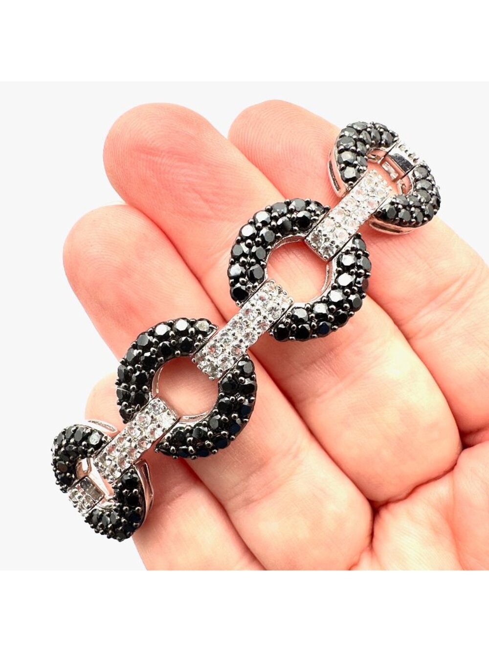 Black White Gemstone Sterling Silver Bracelet 7.5 Inch